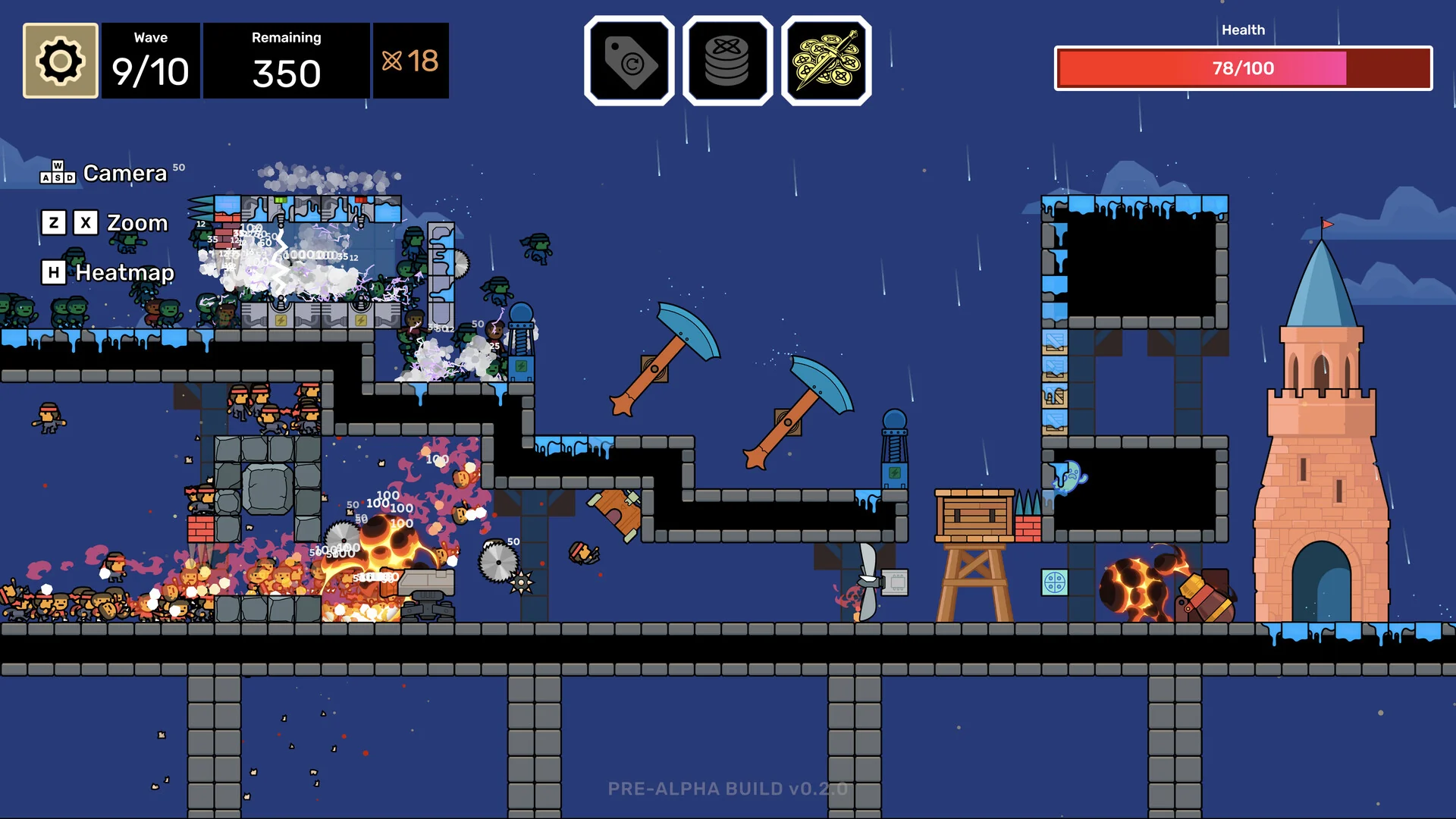 Pre-alpha Hostile Architect stage with a castle, swinging axes, lava, and heroes