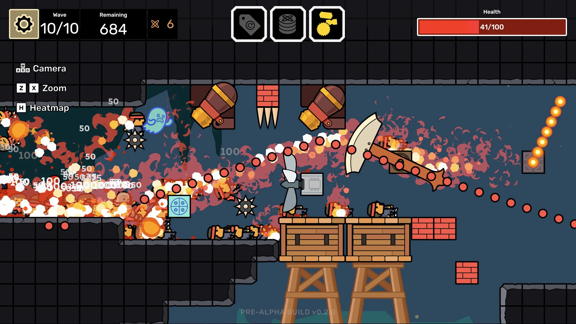Hostile Architect wave 10 of 10 in pre-alpha v0.2.0, with spikes, cannons, a hammer trap, and explosions