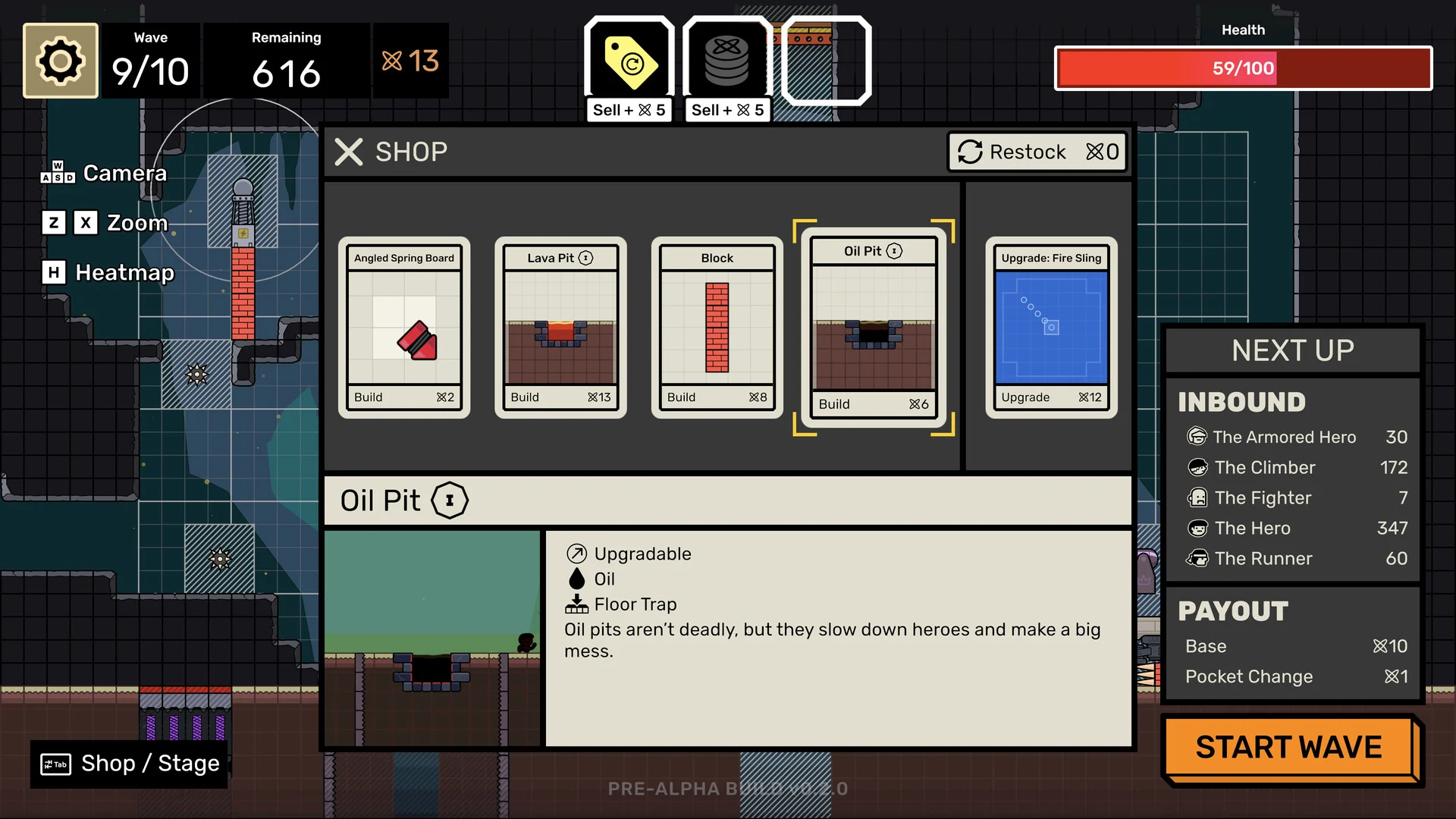 Hostile Architect shop in pre-alpha v0.2.0 showing Oil Pit, Lava Pit, Angled Spring Board, Block, and Fire Sling